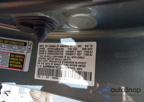 2012 Honda Cr-V Ex-L from USA, damaged, VIN 5J6RM4H74CL044343